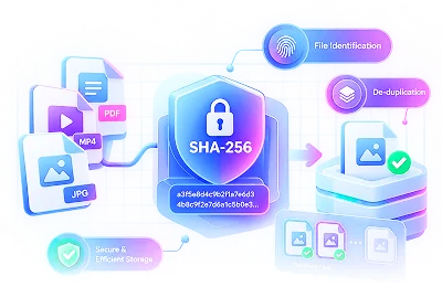SHA-256 based file processing and de-duplication